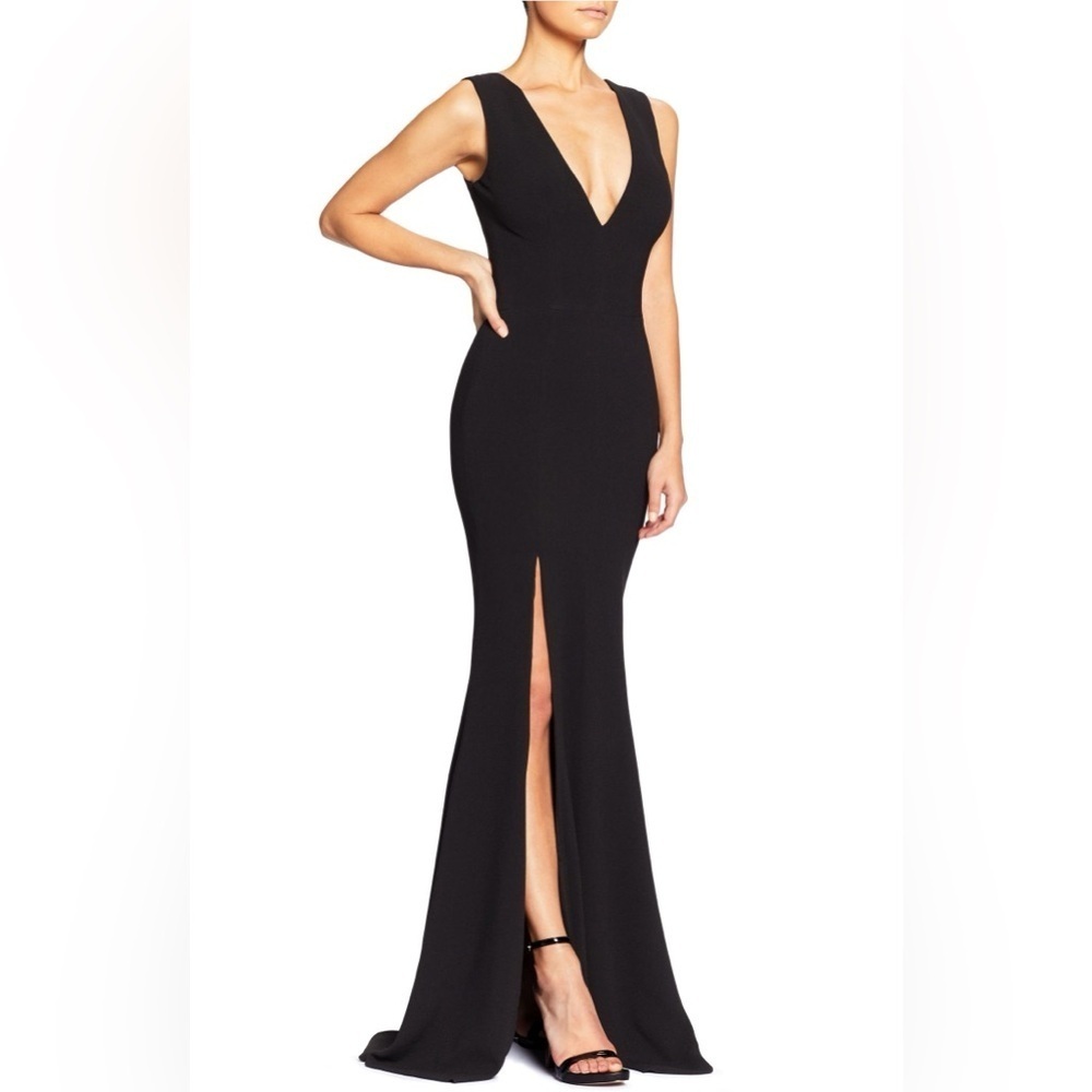 NWT * Dress the Population Sandra Plunge Crepe Trumpet Gown Dress Mermaid Small